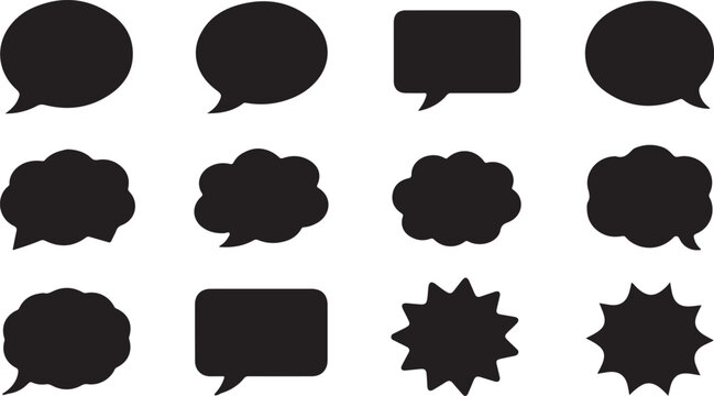 Black Speech Bubble Shapes Set Vector &mdash; Comic Chat Balloons, Starburst Callouts & Cloud Thought Bubbles