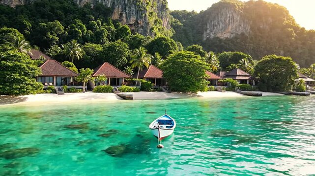 Luxury beach resort bungalows and boat on turquoise water by limestone cliffs