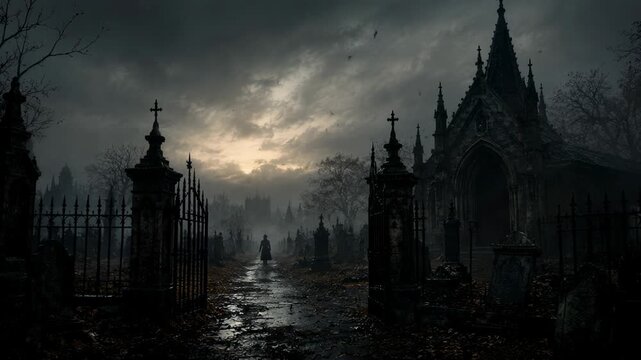 Man walking through ancient gothic cemetery at twilight. Dark victorian graveyard with stone crypt and iron gate. Eerie atmosphere for horror film background.
