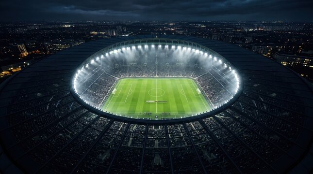 Aerial high-angle view of a modern soccer stadium at night, with bright arena floodlights illuminating the green pitch during a major football championship match under a dark city skyline.