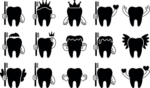 Vector set of active character tooth silhouette graphics. Molar character rows holding oral brushes waving hands and wearing crowns. Clinic signs vector illustration