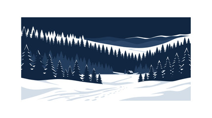 Winter night landscape with snowy forest and cabin in the valley © titisan