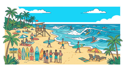 Obraz premium Tropical beach scene with surfers and people relaxing under palm trees