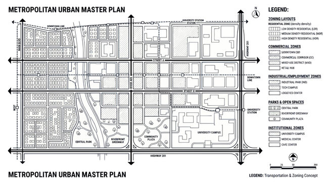 Metropolitan urban master plan with city zoning and transit layout