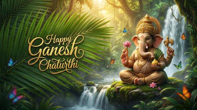 Eco Friendly Lord Ganesha in Tropical Waterfall Forest for Ganesh Chaturthi Greeting Banner Design