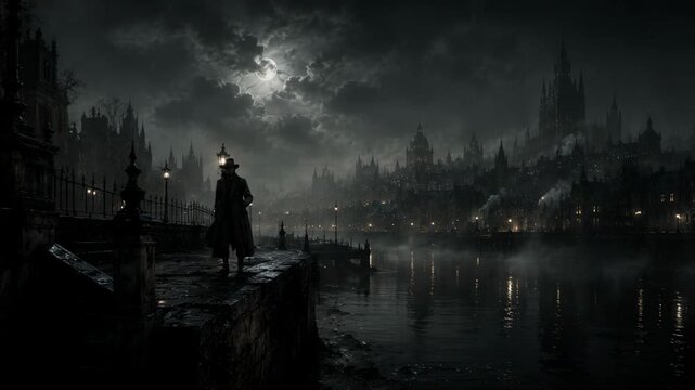 Man in long coat and top hat standing on a dark Victorian riverside at night. Horror city skyline under moonlight with fog. Gothic atmosphere, noir mystery.