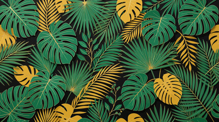 Exotic Tropical Leaves Pattern, Green and Yellow Monstera, Palm, Black Background © awan