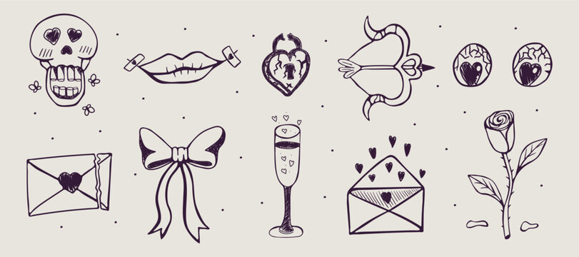 Set of outline icons in hand drawn style. Vector illustration isolated on white background