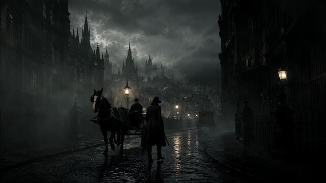 Detective walks through foggy Victorian street with horse carriage. Dark gothic city townscape at night. Mystery crime thriller scene with man in long trench coat.