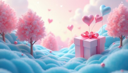 Naklejka premium Gift box with heart balloons floats in dreamy pastel landscape. Pink trees and soft blue clouds create whimsical mood. Celebrate love and affection with this sweet scene.