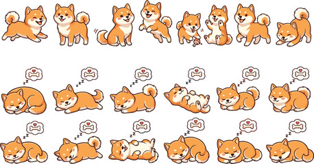 Obraz premium Cute Shiba Inu Dog Vector Sticker Set with Playful Puppy Poses, Sleeping Canines, and Bone Dream Bubbles for Kids Stationery and Pet Graphic Designs