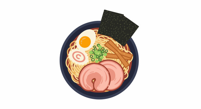 A close-up overhead view of a delicious bowl of noodles with toppings and a white background