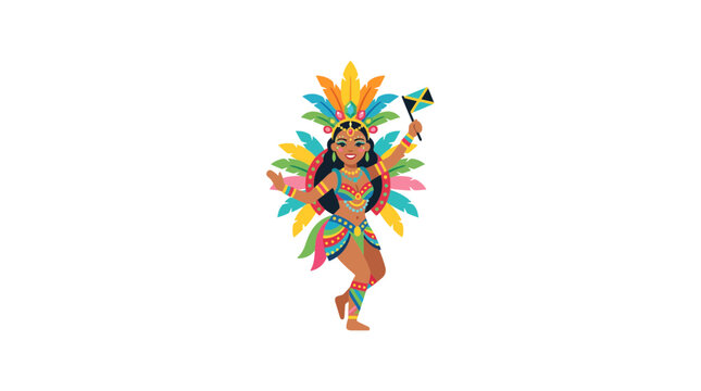 Jamaican Carnival Dancer with Flag in Traditional Colorful Costume