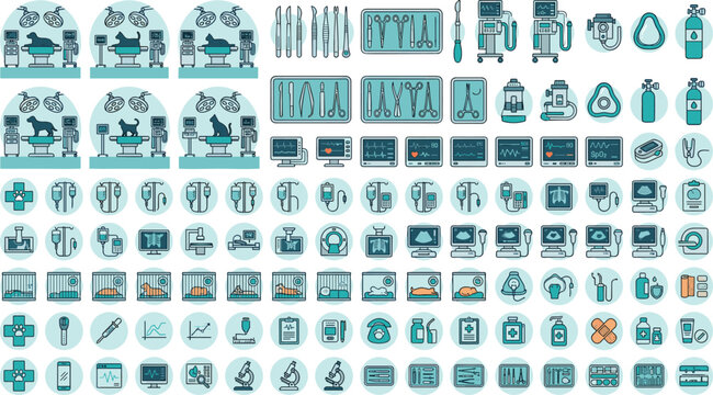 Veterinary clinic and pet surgery icons mega set including medical tools ultrasound scanning patient monitoring line vector illustration
