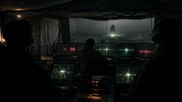 Military officers monitor alien spaceship arrival on radar screens. Signal tracking and failed communication incident with extraterrestrial visitors at command base.