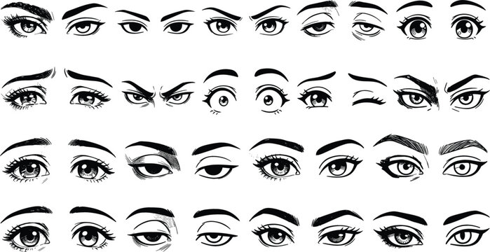 Anime and Manga Eyes Vector Collection with Various Comic Expressions, Human Emotions, Hand Drawn Eyelashes, and Eyebrows for Character Design and Graphic Artwork