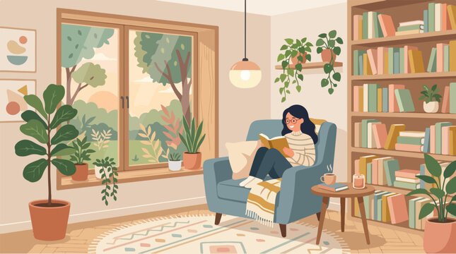 Young woman reading a book in a cozy living room vector