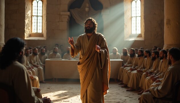 Man in robe speaks to seated audience in ancient building. Sunlight streams through windows onto attentive listeners. Religious gathering discussion faith and gospel.