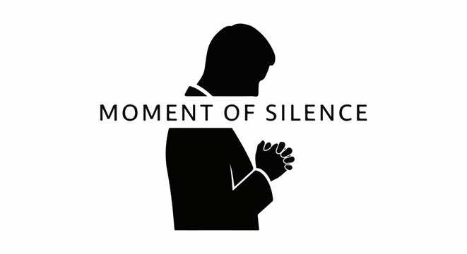 Black silhouette of person praying with text 'MOMENT OF SILENCE' across