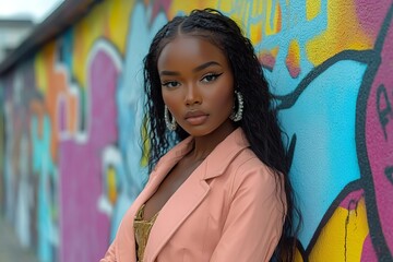 Fototapeta premium Confident Young Black Woman Modeling High Fashion Outfit in Front of Colorful Graffiti Wall