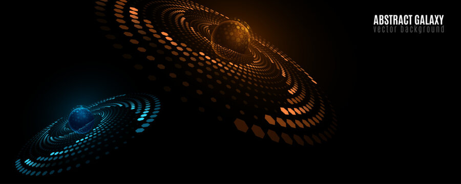 Abstract cosmic background featuring a glowing blue hexagonal sphere at the center of dynamic swirling spiral patterns made of luminous hexagons on black backdrop. Futuristic science fiction art.