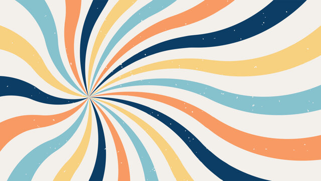 A vibrant retro-style sunburst background featuring swirling wavy rays in pastel and bold colors (blue, yellow, orange) on a neutral off-white background with a subtle grunge or noise texture. 