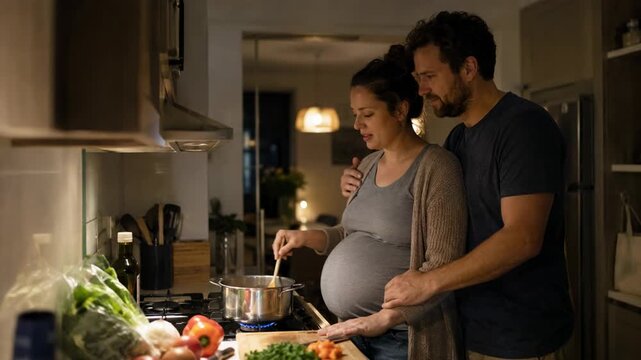 Pregnant woman and man cooking dinner in home kitchen. Couple preparing healthy meal together. Expectant mother and father enjoying tender moment of anticipation.
