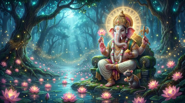 Mystical Lord Ganesha with Mouse in Enchanted Lotus Forest for Ganesh Chaturthi Greeting Design