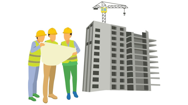Construction Workers And Building Illustration Vector Graphic