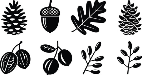 Eight black botanical silhouettes including pinecones, acorns, nuts, and berry twigs © Miss