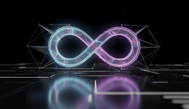 Infinity loop symbol with neon circuitry on dark reflective surface representing process automation and continuous workflow optimization.