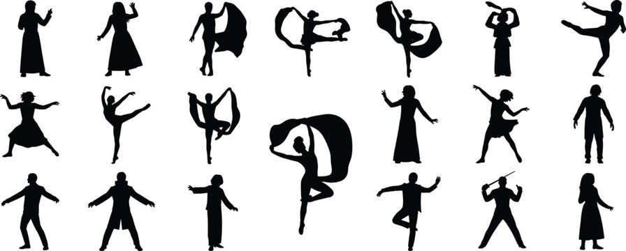 Dance Performance Silhouette Set Various Dancers Poses Ballet Folk and Contemporary Collection