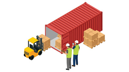 Shipping container with forklift and workers isometric vector illustration © Anjumanara Rakhi