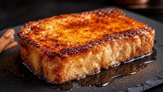Caramelized Spanish torrija french toast dessert with a glassy sugar crust