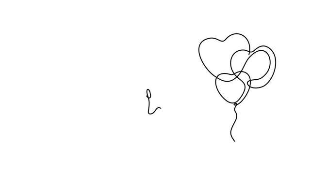 Animated self drawing of continuous line draw of    Heart Balloons Line Art Collection.  Full length one line animation. 4K	