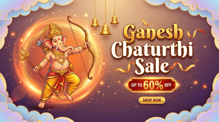 Naklejka premium Ganesh Chaturthi Sale Banner with Lord Ganesha Archer Illustration and Festive Retail Promotion Design