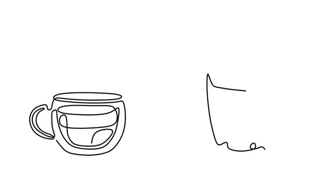Animated self drawing of continuous line draw of   set of cups of coffee.  Full length one line animation. 4K	