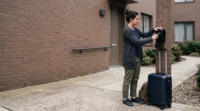 Young woman traveler using a security key lockbox outside a modern brick apartment building for self check-in