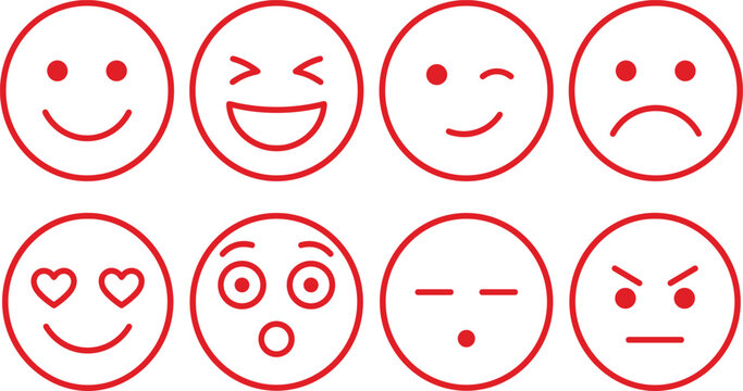 Red emoji line icon vector set happy sad angry laugh love wink surprised tired facial expression emoticon feedback rating