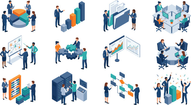 Isometric Corporate Business and Data Analysis Vector Illustration Set Featuring Teamwork Management Statistics Server Hosting Workflow Flowchart and Success Celebration