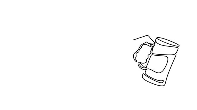 Animated self drawing of continuous line draw of  Line Art of Beer Glasses in Hands. Full length one line animation. 4K	
