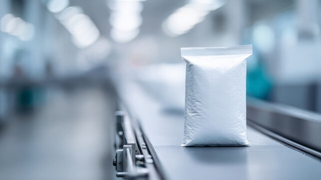 White packaged product on conveyor belt