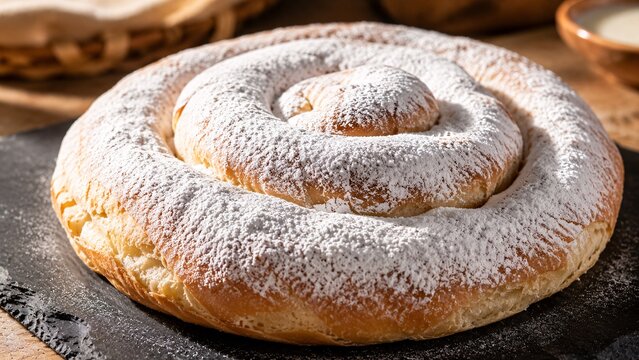 Traditional Spanish ensaimada spiral pastry heavily dusted with white powdered sugar