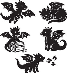 Fototapeta premium Flying and Perched Black Dragon Silhouettes in Minimalist Vector Style, Generative Ai