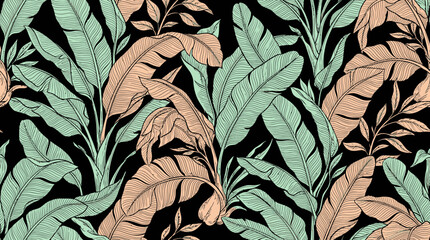 Tropical Leaf Pattern Seamless Background, Botanical Print, Exotic Jungle Foliage © yes