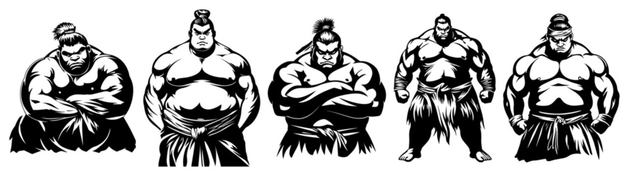 Sumo wrestler silhouettes in powerful poses for sports and culture design in graphic style