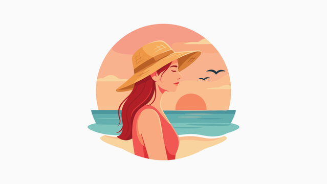 Woman wearing sun hat in profile view standing on beach during sunset with birds flying over ocean horizon.