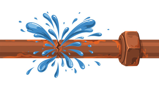 Burst rusty metal pipe with high pressure water spray, plumbing infrastructure failure, industrial maintenance, water leak damage.