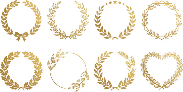 Gold laurel wreath vector frame set golden olive branch oak leaf wheat heart geometric border luxury award wedding certificate