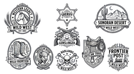 Vintage wild west badges and emblems collection in hand drawn style © tuyun